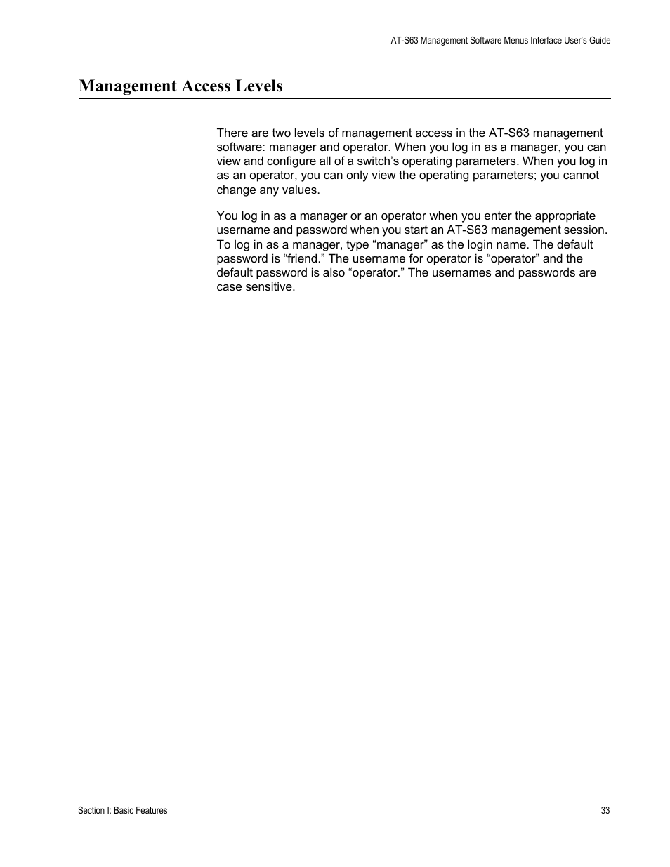 Management access levels | Allied Telesis AT-S63 User Manual | Page 33 / 822