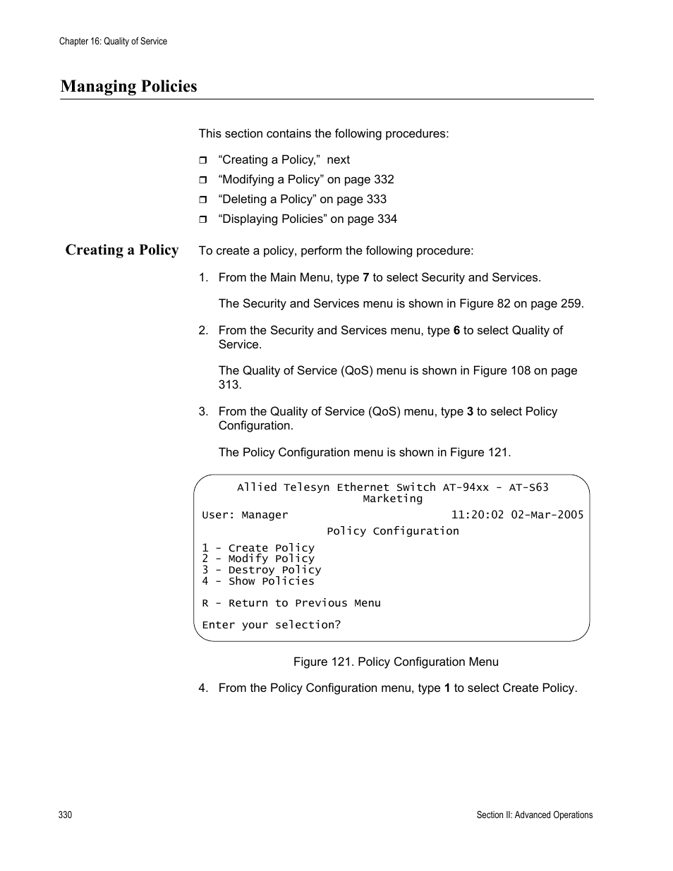 Managing policies, Creating a policy | Allied Telesis AT-S63 User Manual | Page 330 / 822