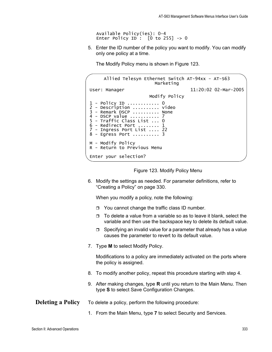 Deleting a policy | Allied Telesis AT-S63 User Manual | Page 333 / 822