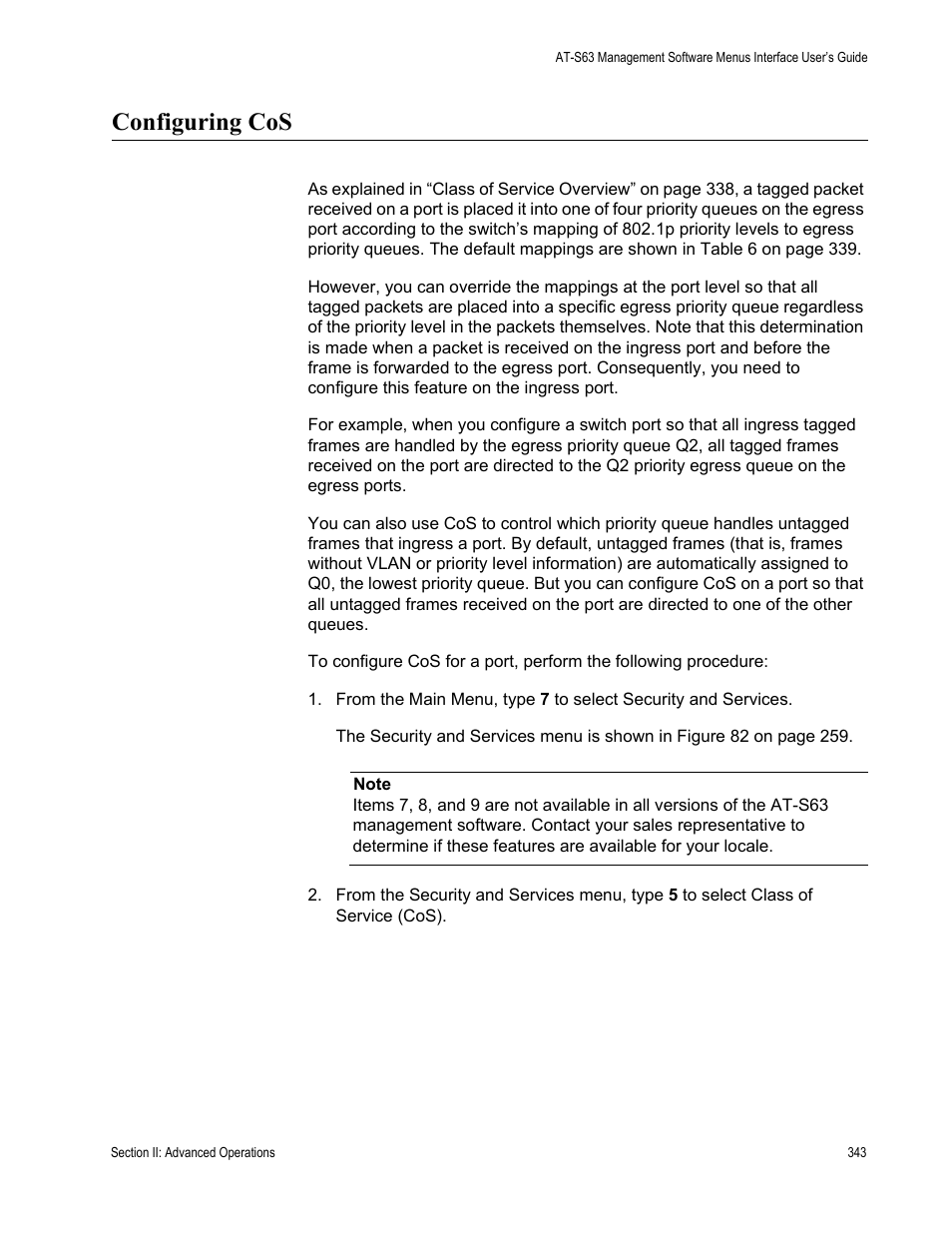 Configuring cos | Allied Telesis AT-S63 User Manual | Page 343 / 822