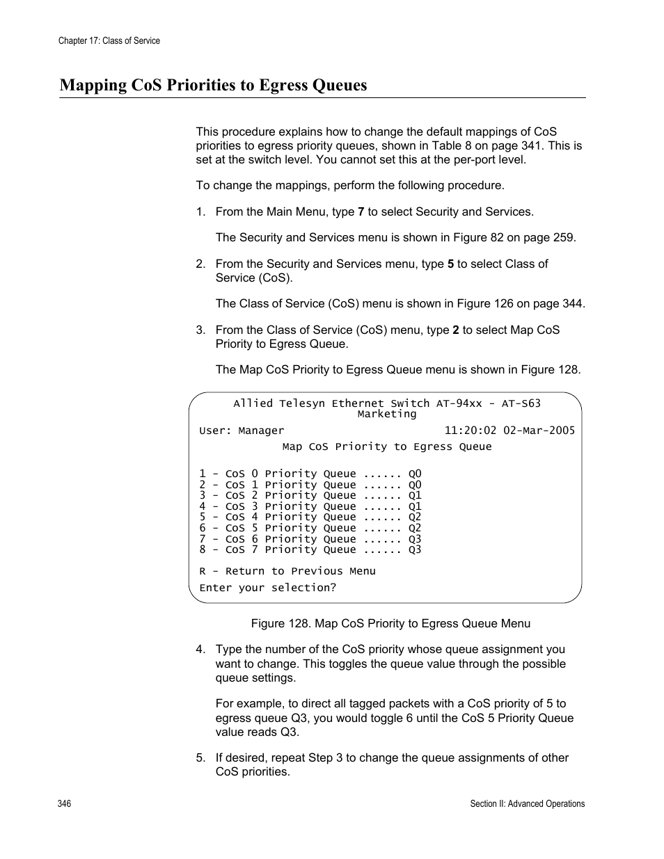 Mapping cos priorities to egress queues | Allied Telesis AT-S63 User Manual | Page 346 / 822