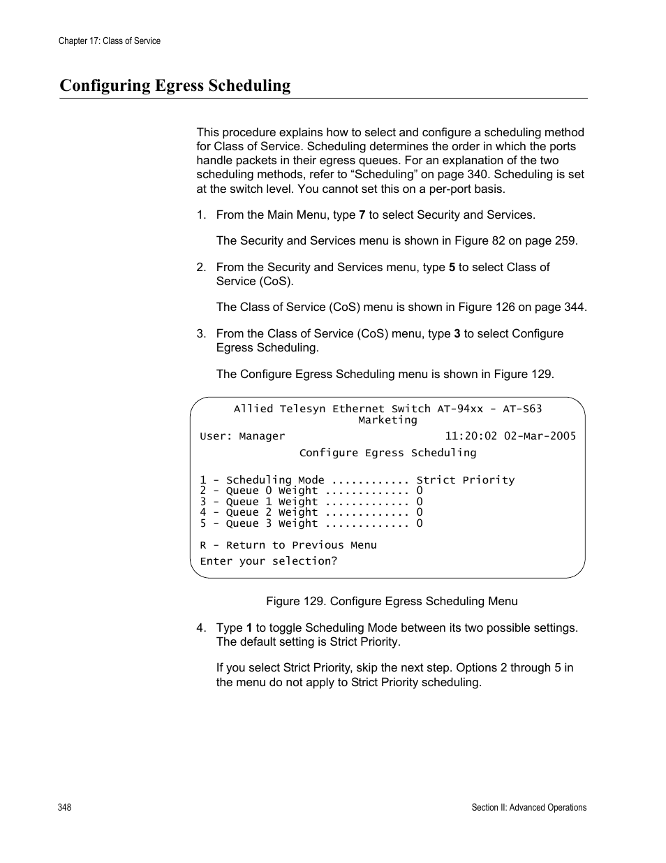 Configuring egress scheduling | Allied Telesis AT-S63 User Manual | Page 348 / 822