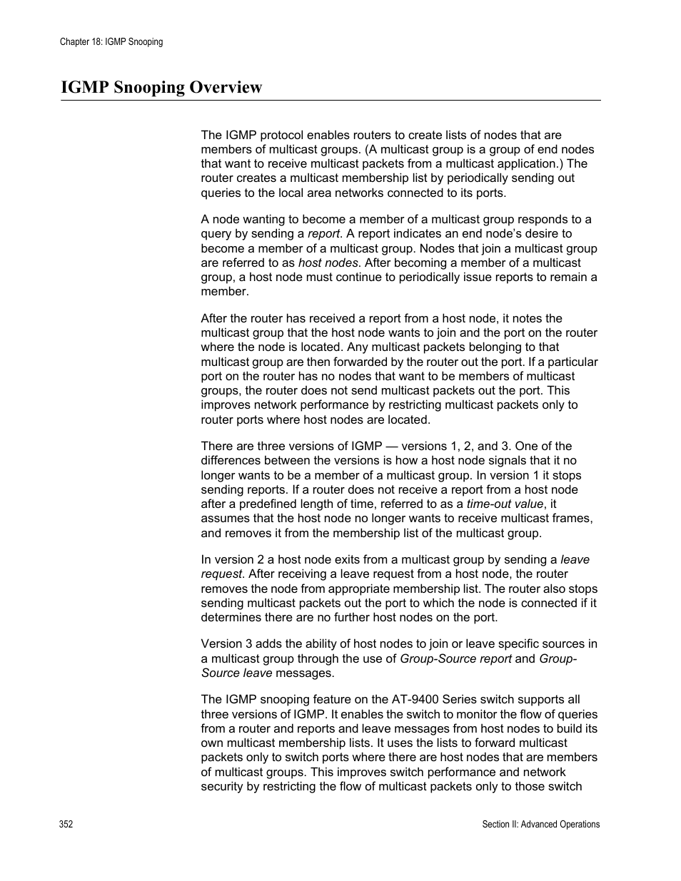 Igmp snooping overview | Allied Telesis AT-S63 User Manual | Page 352 / 822