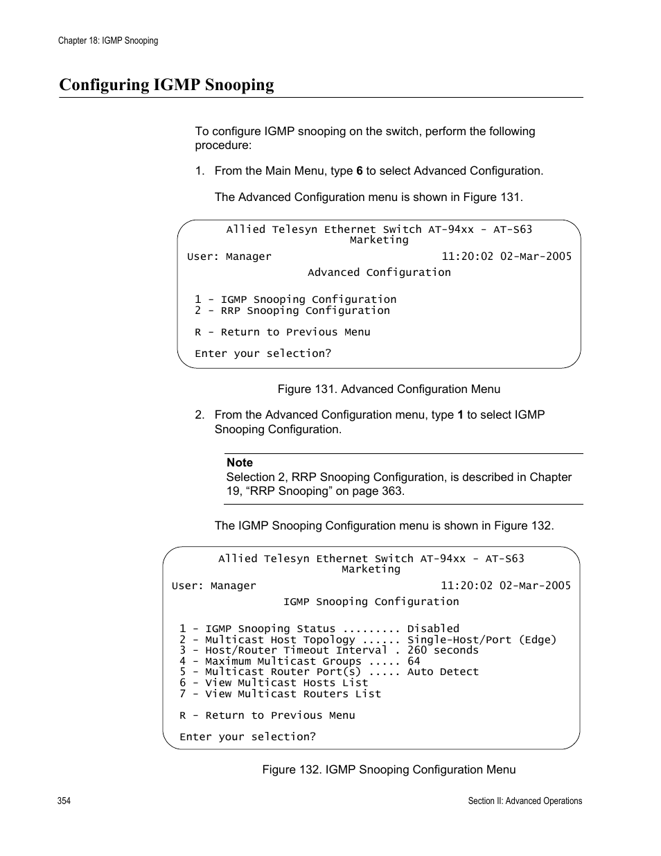 Configuring igmp snooping | Allied Telesis AT-S63 User Manual | Page 354 / 822