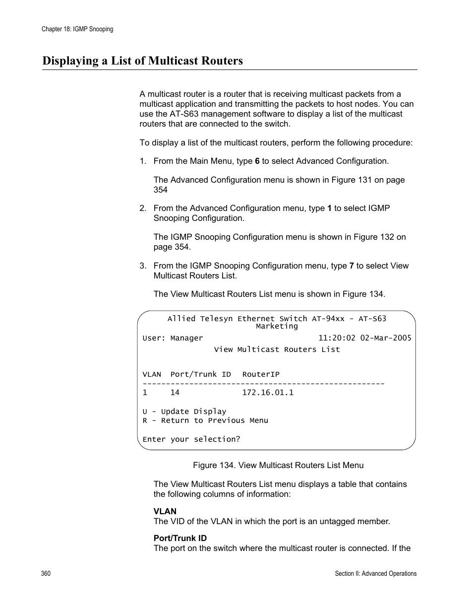 Displaying a list of multicast routers | Allied Telesis AT-S63 User Manual | Page 360 / 822