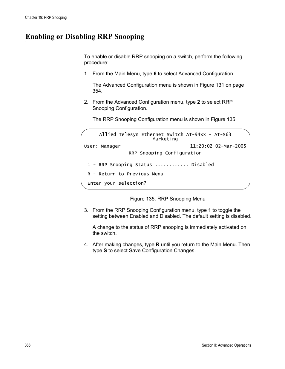Enabling or disabling rrp snooping | Allied Telesis AT-S63 User Manual | Page 366 / 822