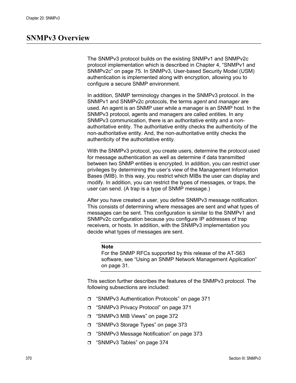 Snmpv3 overview | Allied Telesis AT-S63 User Manual | Page 370 / 822