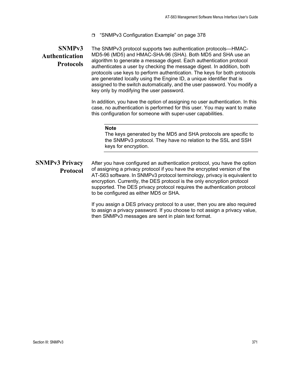 Snmpv3 authentication protocols, Snmpv3 privacy protocol | Allied Telesis AT-S63 User Manual | Page 371 / 822