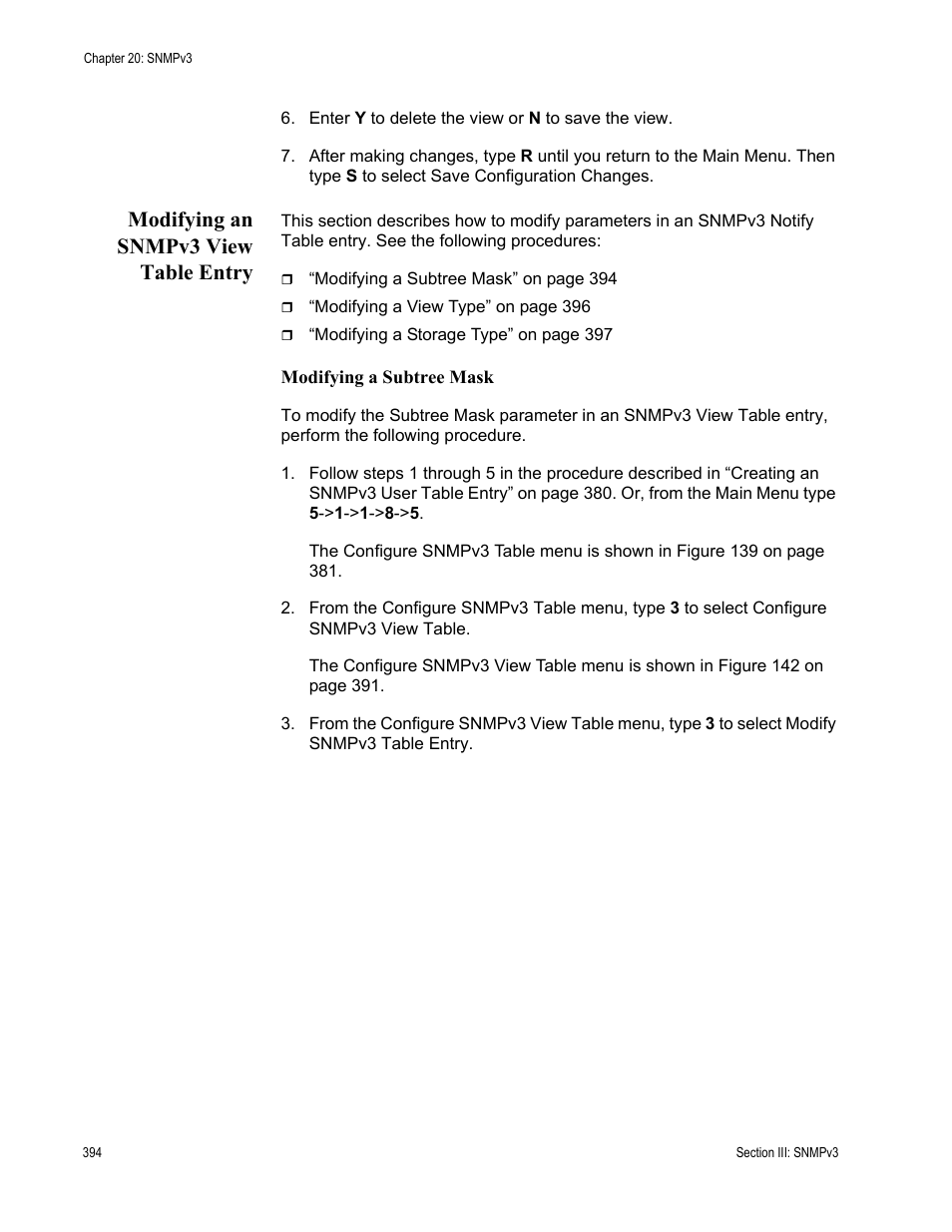 Modifying an snmpv3 view table entry, Modifying a subtree mask | Allied Telesis AT-S63 User Manual | Page 394 / 822