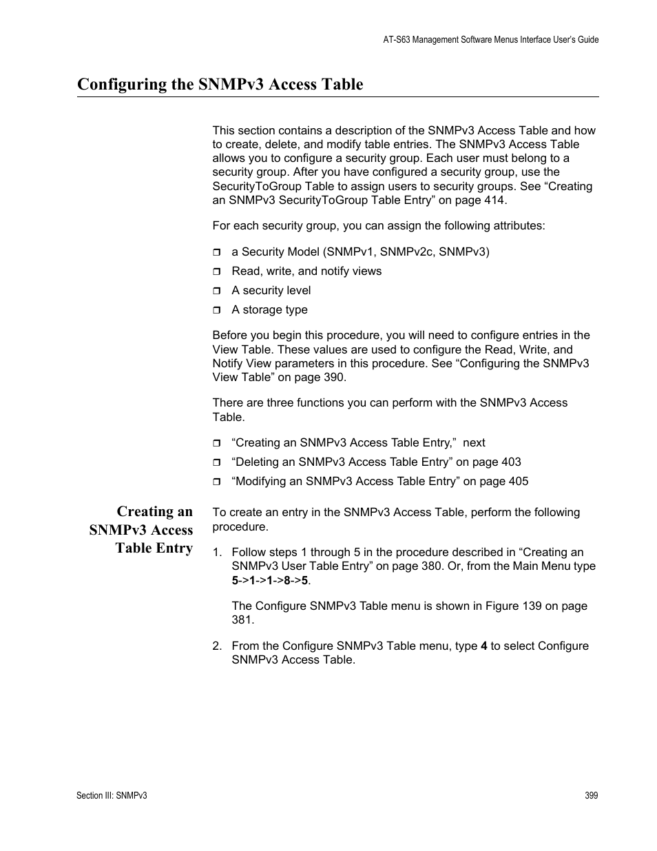 Configuring the snmpv3 access table, Creating an snmpv3 access table entry | Allied Telesis AT-S63 User Manual | Page 399 / 822