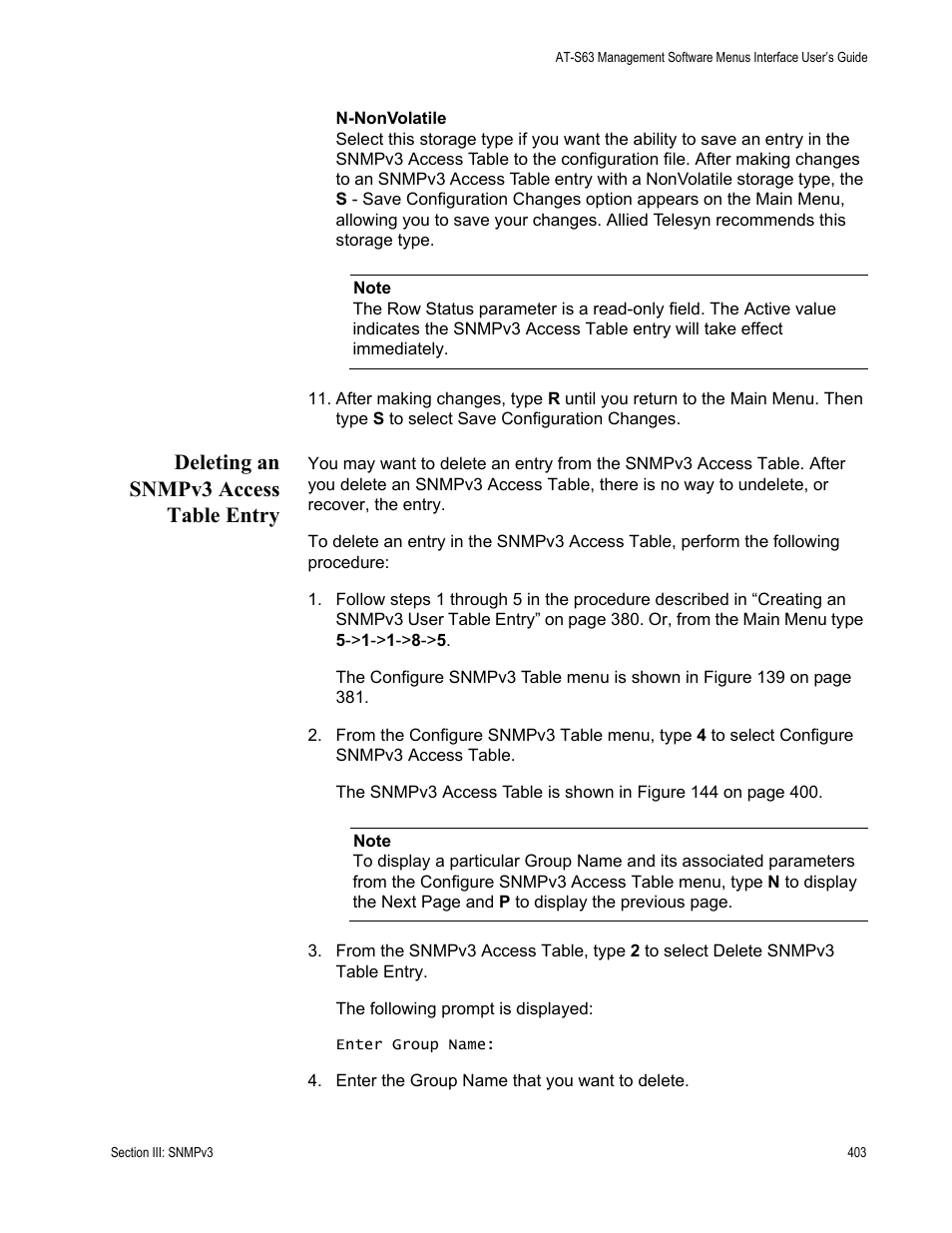 Deleting an snmpv3 access table entry | Allied Telesis AT-S63 User Manual | Page 403 / 822