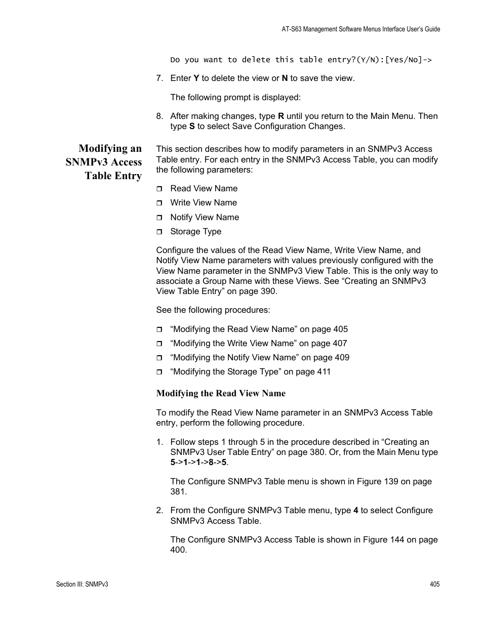 Modifying an snmpv3 access table entry, Modifying the read view name | Allied Telesis AT-S63 User Manual | Page 405 / 822