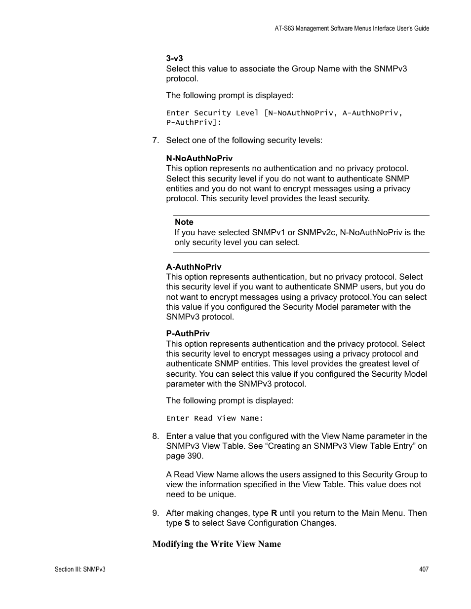 Modifying the write view name | Allied Telesis AT-S63 User Manual | Page 407 / 822
