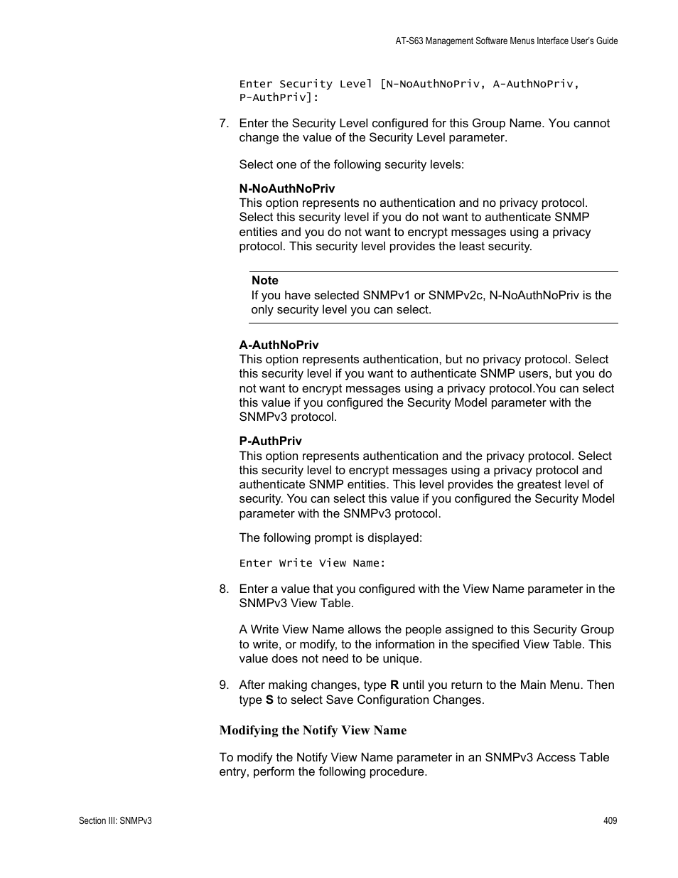 Modifying the notify view name | Allied Telesis AT-S63 User Manual | Page 409 / 822