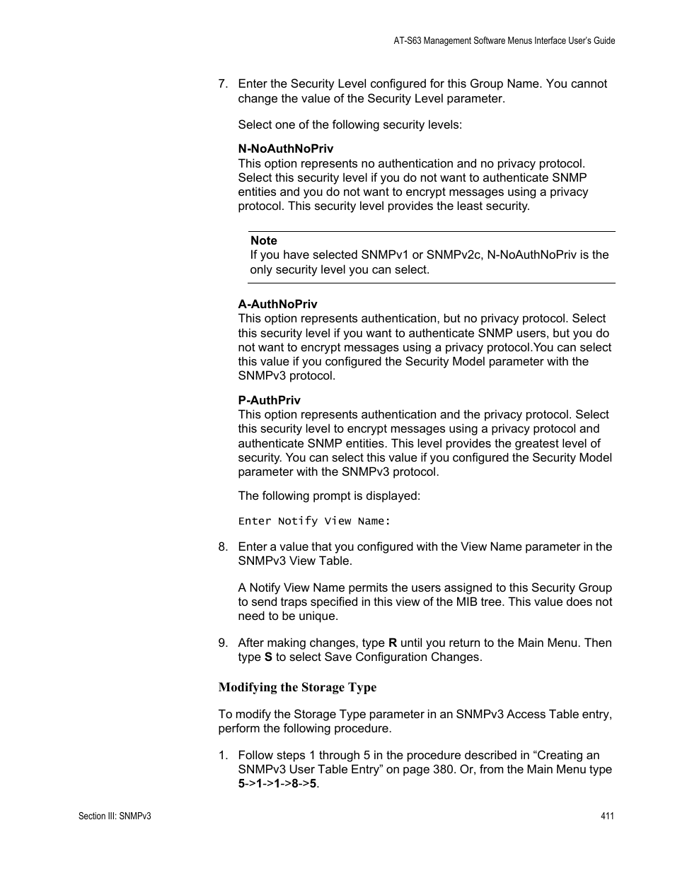 Modifying the storage type | Allied Telesis AT-S63 User Manual | Page 411 / 822