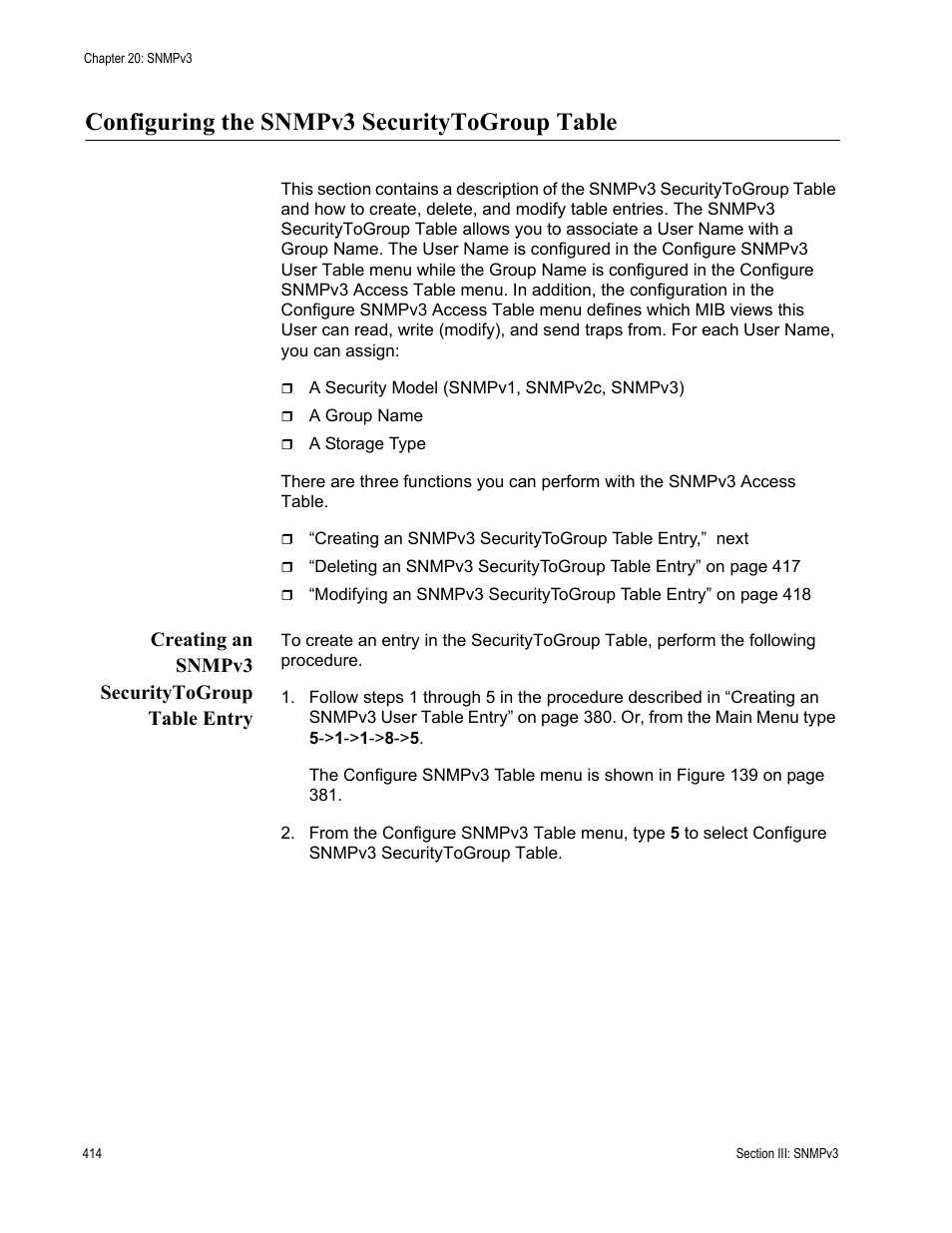 Configuring the snmpv3 securitytogroup table, Creating an snmpv3 securitytogroup table entry | Allied Telesis AT-S63 User Manual | Page 414 / 822