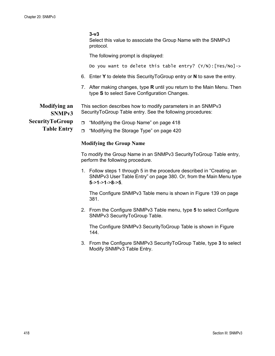 Modifying an snmpv3 securitytogroup table entry, Modifying the group name | Allied Telesis AT-S63 User Manual | Page 418 / 822