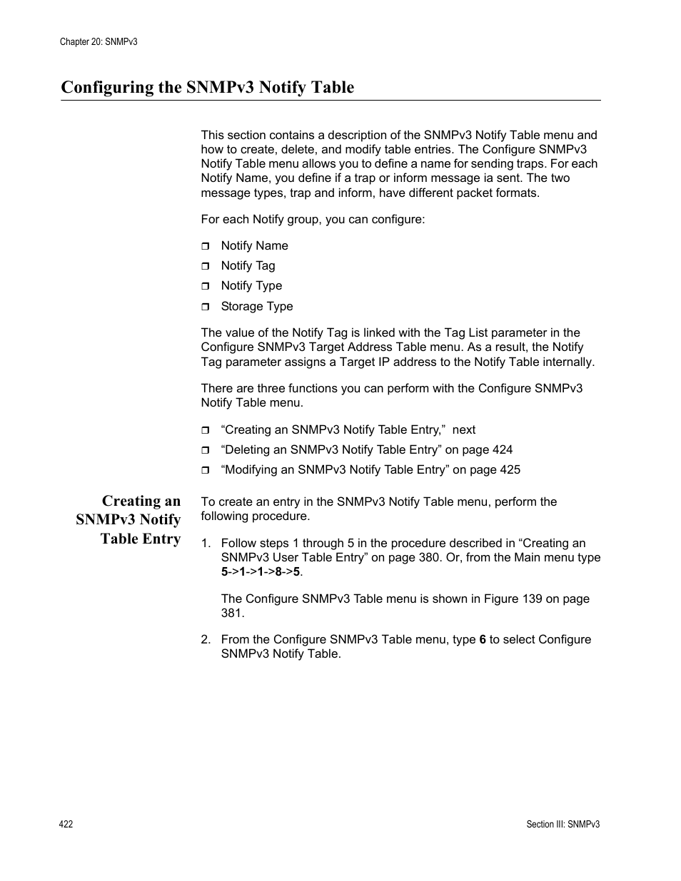 Configuring the snmpv3 notify table, Creating an snmpv3 notify table entry | Allied Telesis AT-S63 User Manual | Page 422 / 822