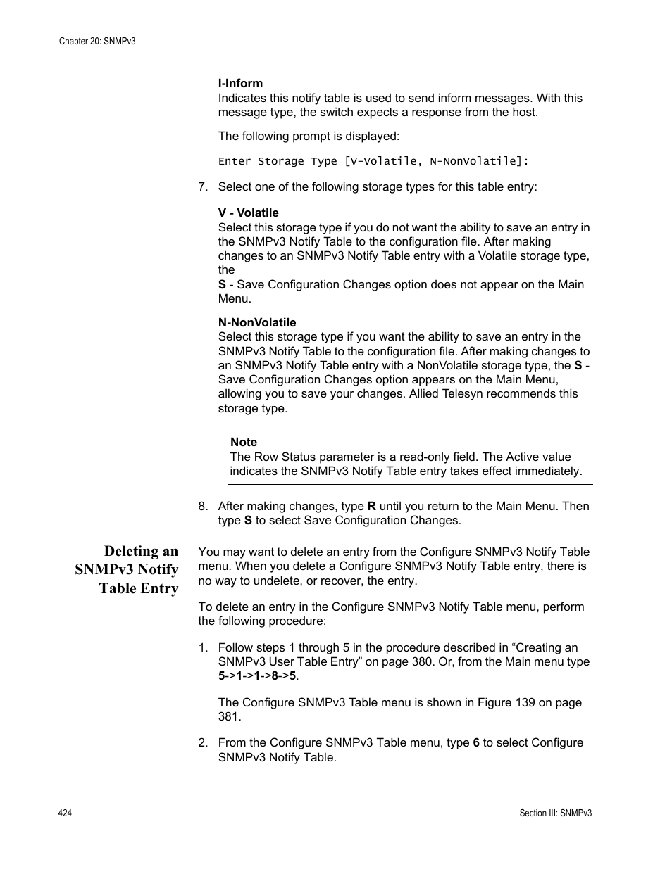 Deleting an snmpv3 notify table entry | Allied Telesis AT-S63 User Manual | Page 424 / 822