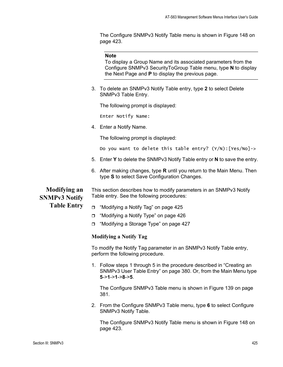 Modifying an snmpv3 notify table entry, Modifying a notify tag | Allied Telesis AT-S63 User Manual | Page 425 / 822