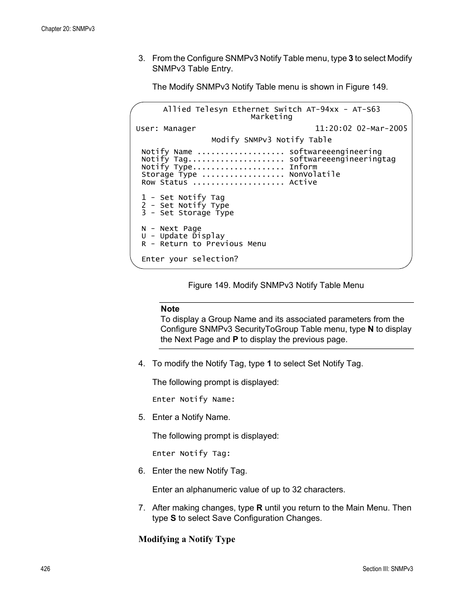 Modifying a notify type | Allied Telesis AT-S63 User Manual | Page 426 / 822