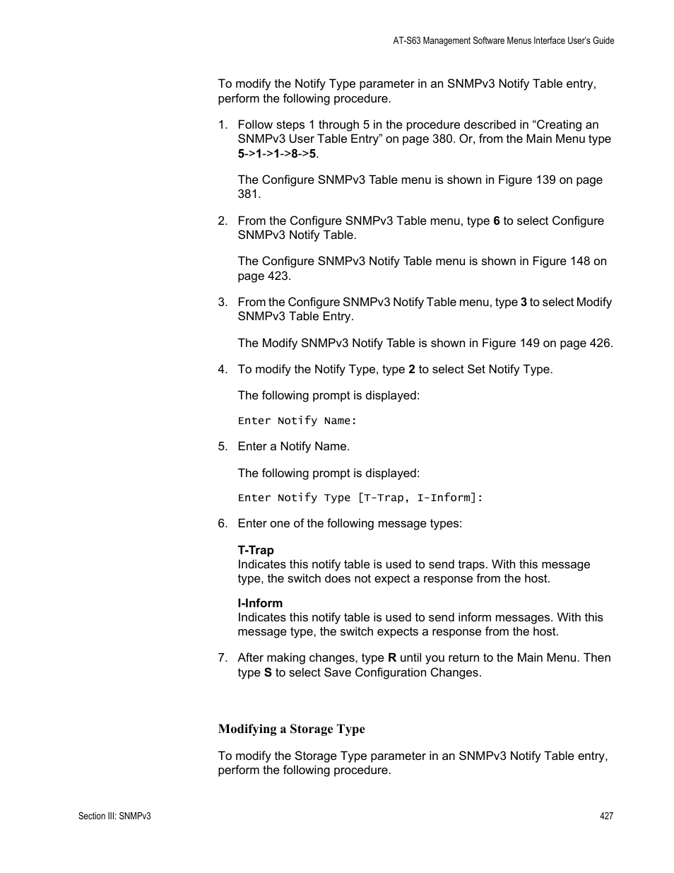 Modifying a storage type | Allied Telesis AT-S63 User Manual | Page 427 / 822
