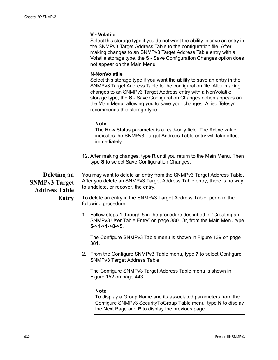 Deleting an snmpv3 target address table entry | Allied Telesis AT-S63 User Manual | Page 432 / 822