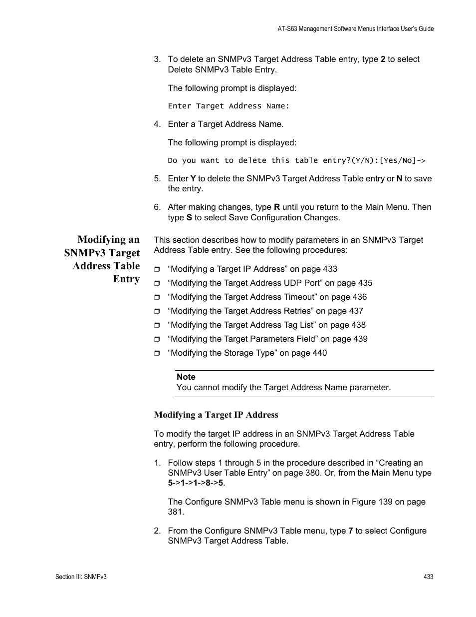 Modifying an snmpv3 target address table entry, Modifying a target ip address | Allied Telesis AT-S63 User Manual | Page 433 / 822