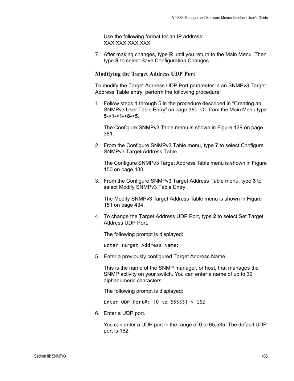 Modifying the target address udp port | Allied Telesis AT-S63 User Manual | Page 435 / 822