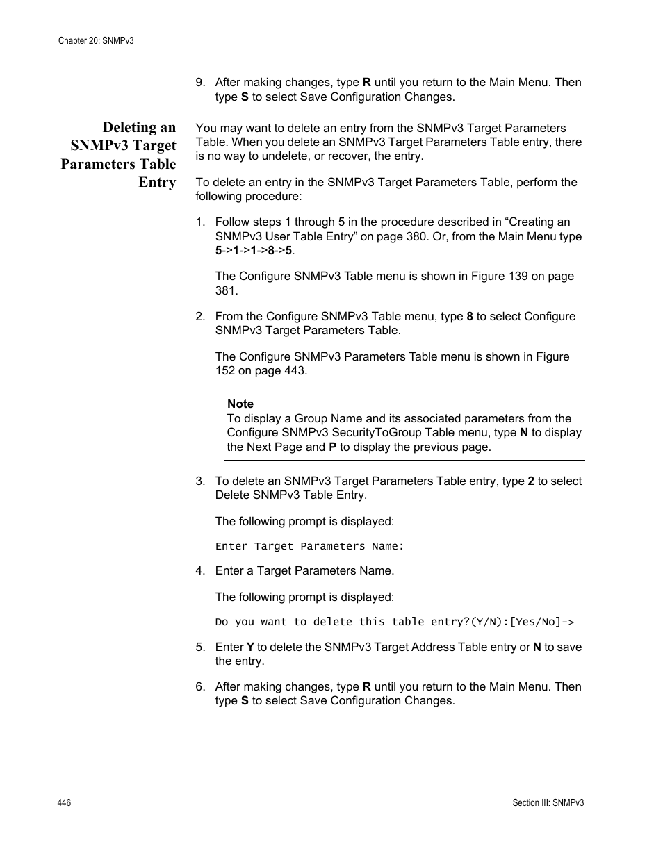 Deleting an snmpv3 target parameters table entry | Allied Telesis AT-S63 User Manual | Page 446 / 822