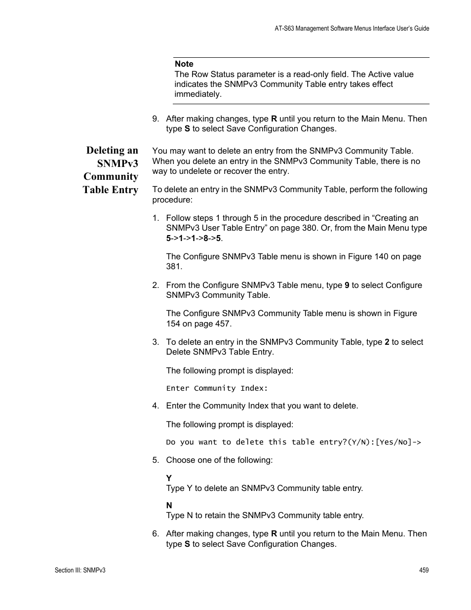 Deleting an snmpv3 community table entry | Allied Telesis AT-S63 User Manual | Page 459 / 822