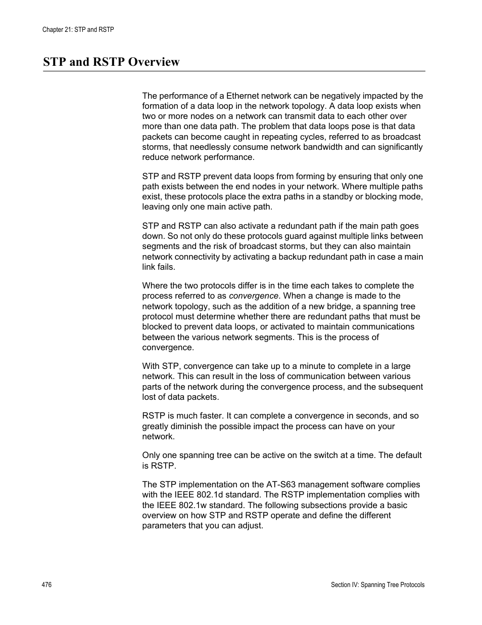 Stp and rstp overview | Allied Telesis AT-S63 User Manual | Page 476 / 822