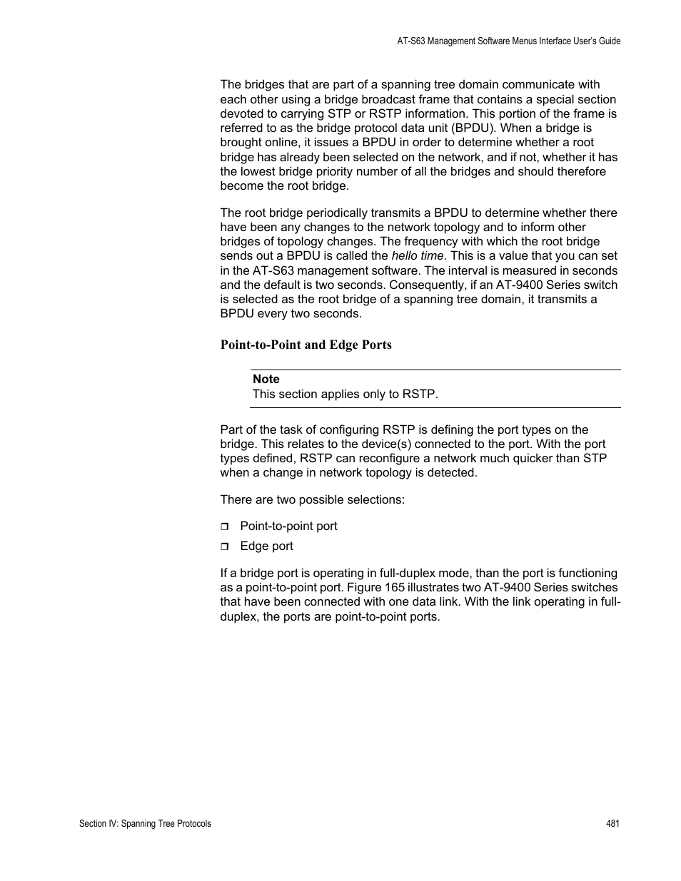 Point-to-point and edge ports | Allied Telesis AT-S63 User Manual | Page 481 / 822