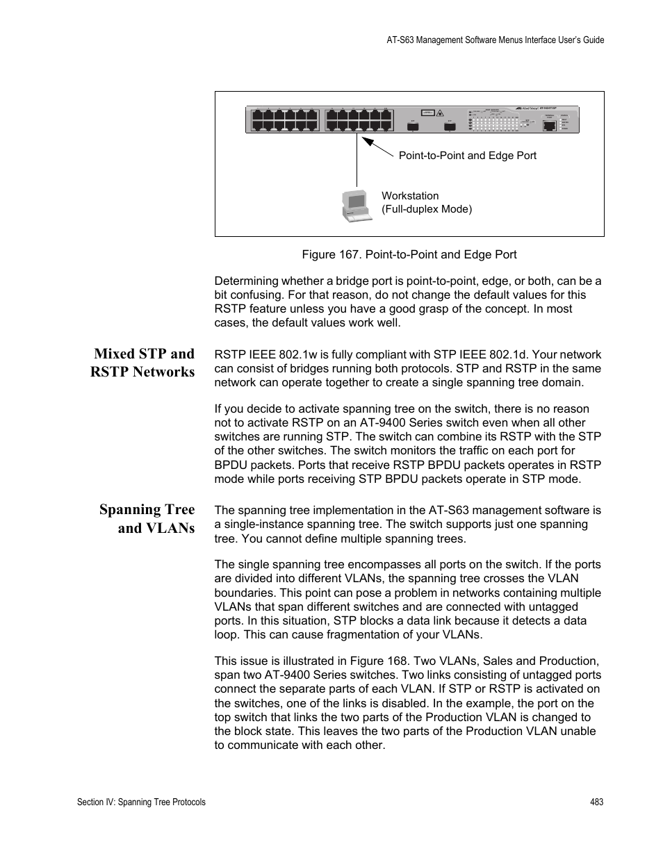 Mixed stp and rstp networks, Spanning tree and vlans, Point-to-point and edge port | Workstation (full-duplex mode), Class 1 laser product, L/a d/c d/c l/a d/c l/a | Allied Telesis AT-S63 User Manual | Page 483 / 822