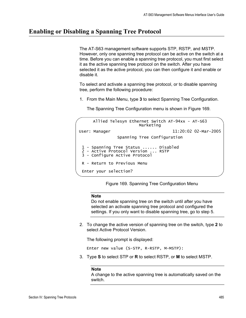 Enabling or disabling a spanning tree protocol | Allied Telesis AT-S63 User Manual | Page 485 / 822