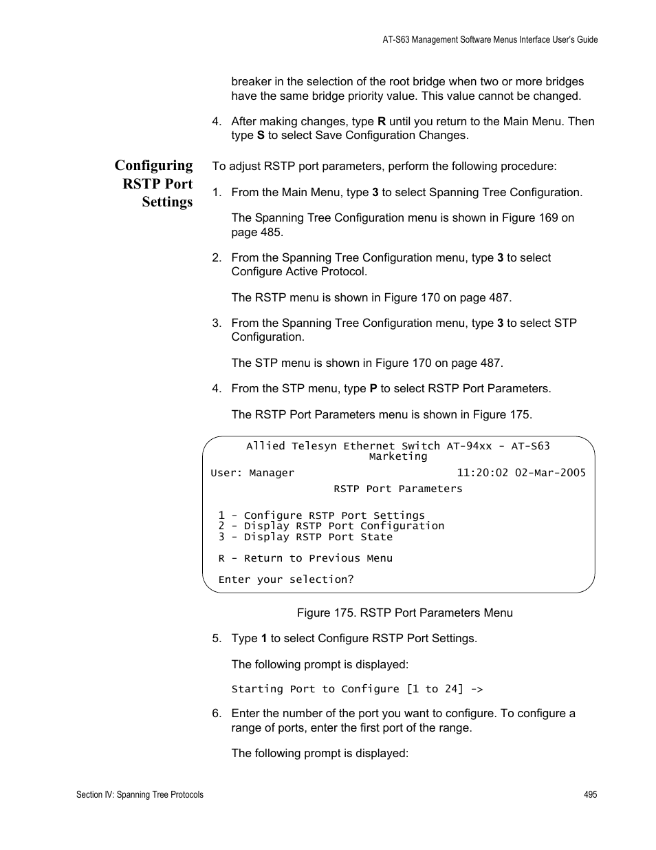 Configuring rstp port settings | Allied Telesis AT-S63 User Manual | Page 495 / 822