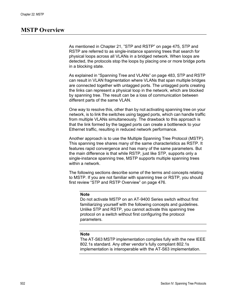 Mstp overview | Allied Telesis AT-S63 User Manual | Page 502 / 822