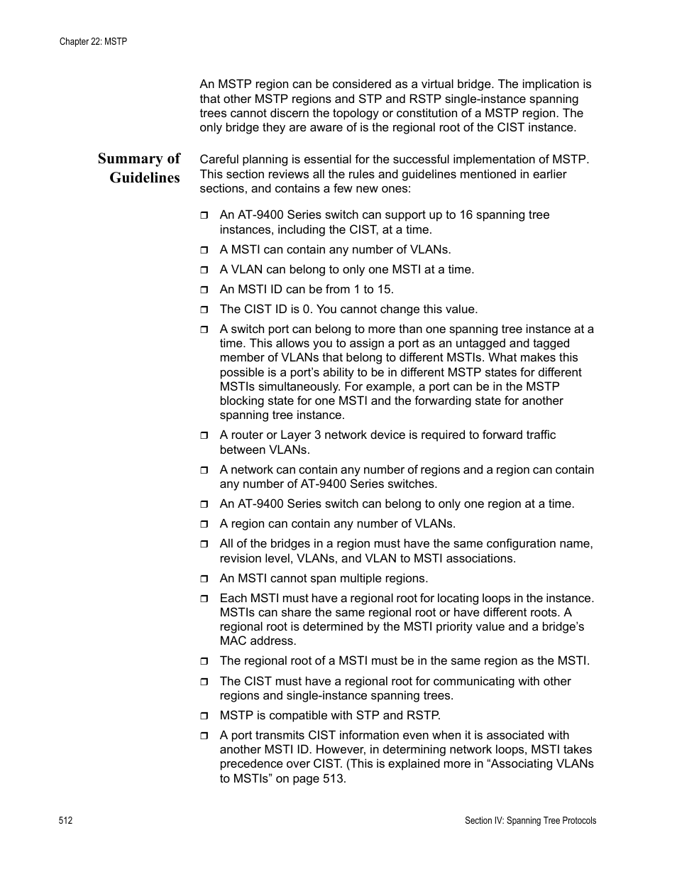 Summary of guidelines | Allied Telesis AT-S63 User Manual | Page 512 / 822