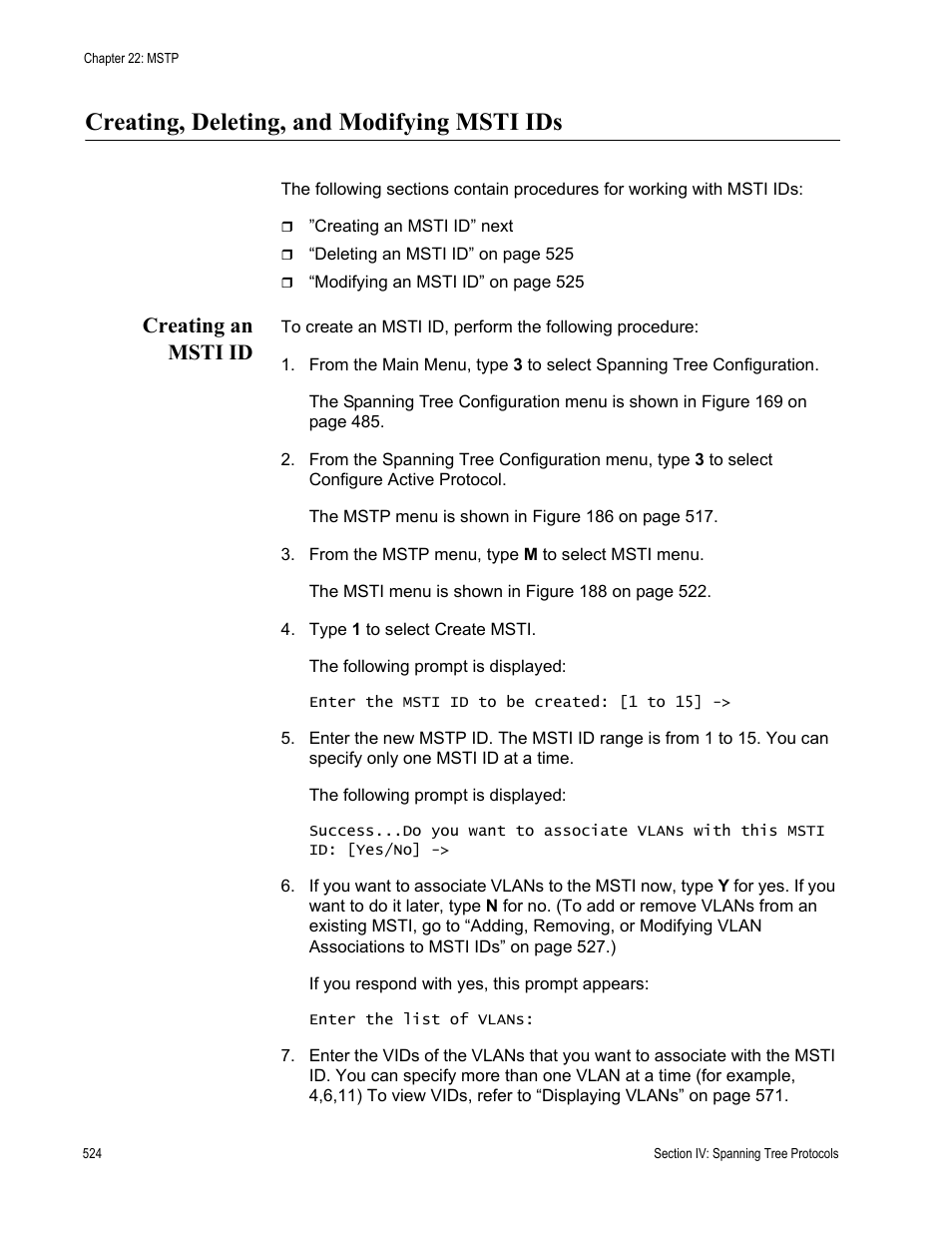 Creating, deleting, and modifying msti ids, Creating an msti id | Allied Telesis AT-S63 User Manual | Page 524 / 822