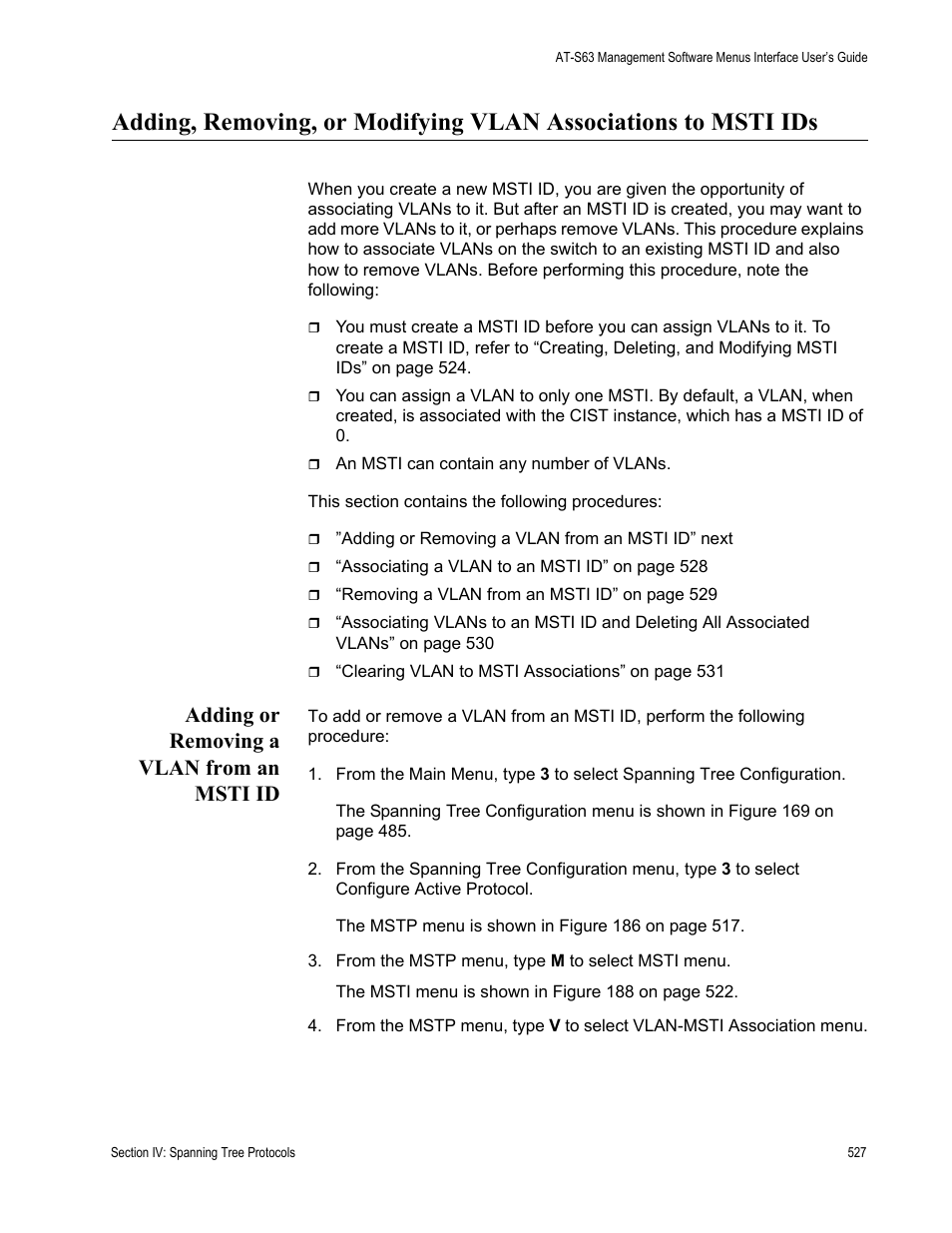Adding or removing a vlan from an msti id | Allied Telesis AT-S63 User Manual | Page 527 / 822