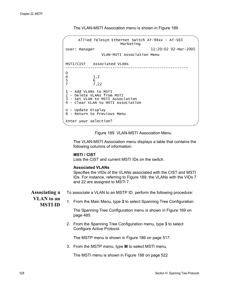 Associating a vlan to an msti id | Allied Telesis AT-S63 User Manual | Page 528 / 822