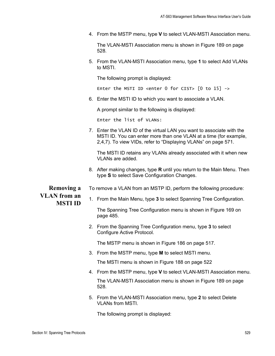 Removing a vlan from an msti id | Allied Telesis AT-S63 User Manual | Page 529 / 822