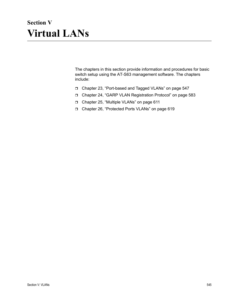 Section v, Virtual lans, Section v: virtual lans | Allied Telesis AT-S63 User Manual | Page 545 / 822