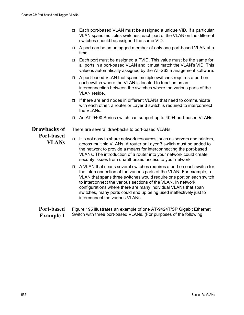 Drawbacks of port-based vlans, Port-based example 1, Drawbacks of port-based vlans port-based example 1 | Allied Telesis AT-S63 User Manual | Page 552 / 822