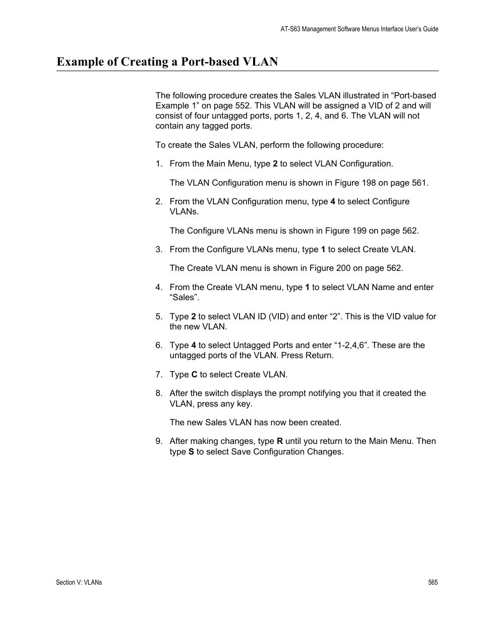 Example of creating a port-based vlan | Allied Telesis AT-S63 User Manual | Page 565 / 822