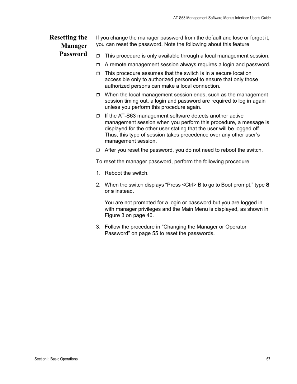 Resetting the manager password, Reboot the switch | Allied Telesis AT-S63 User Manual | Page 57 / 822