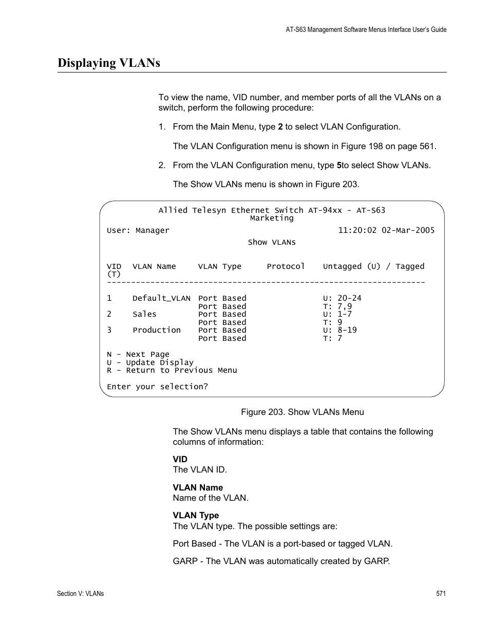 Displaying vlans | Allied Telesis AT-S63 User Manual | Page 571 / 822