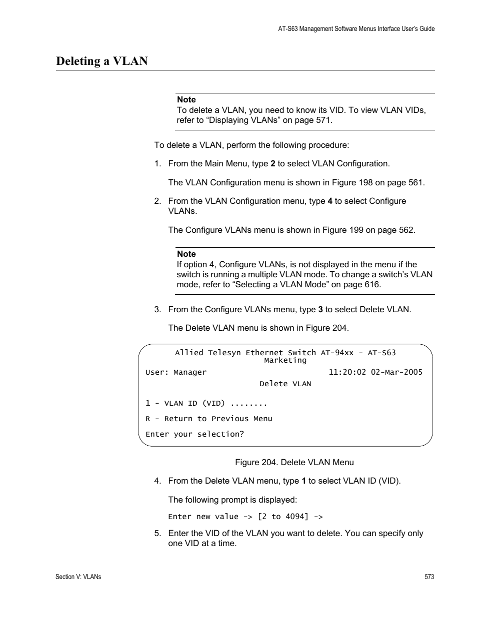 Deleting a vlan | Allied Telesis AT-S63 User Manual | Page 573 / 822