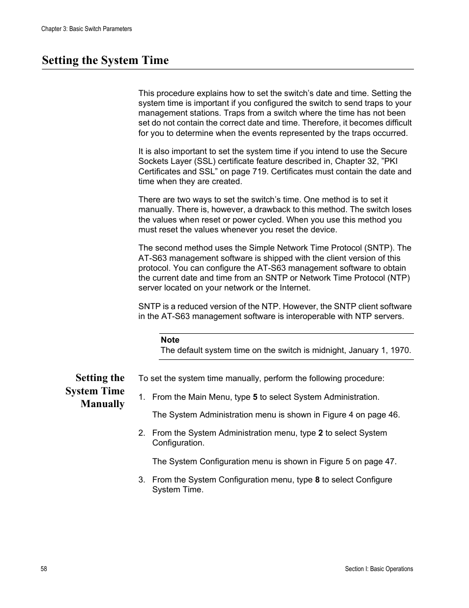 Setting the system time, Setting the system time manually | Allied Telesis AT-S63 User Manual | Page 58 / 822