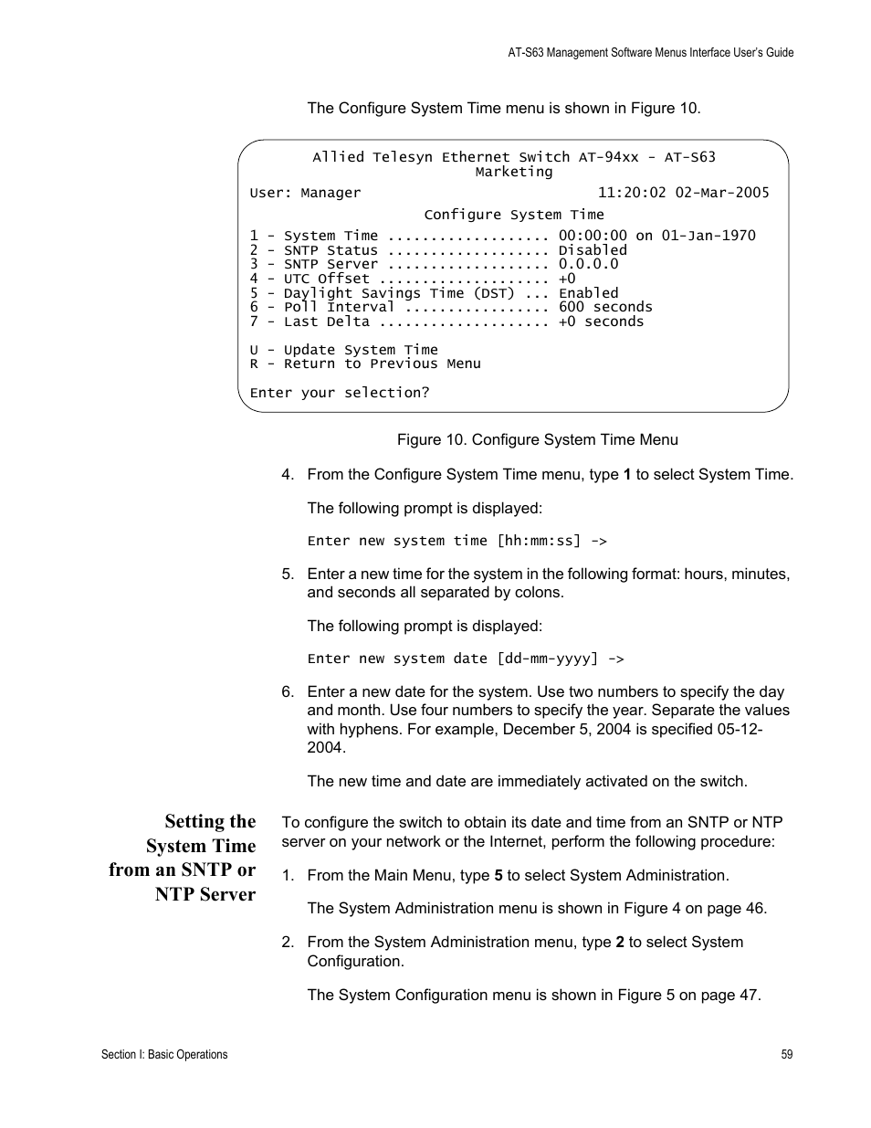 Setting the system time from an sntp or ntp server | Allied Telesis AT-S63 User Manual | Page 59 / 822